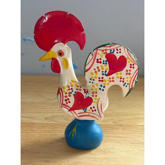 Hand-Painted Folk Art Good Luck Vintage Rooster Figurine Portugal Heart Floral - Picture 1 of 4